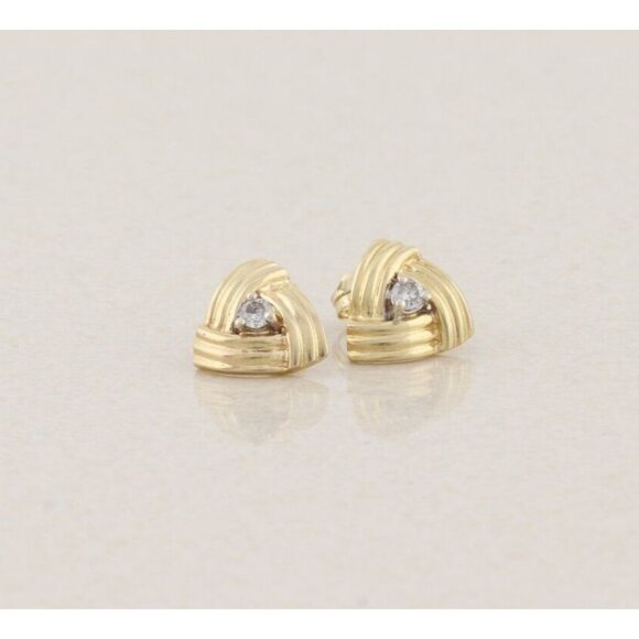 14k Yellow Gold Diamond Triangle Design Earrings Stud Post - Picture 3 of 8